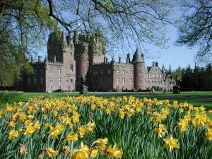 Glamis Castle in Scotland with daffodils